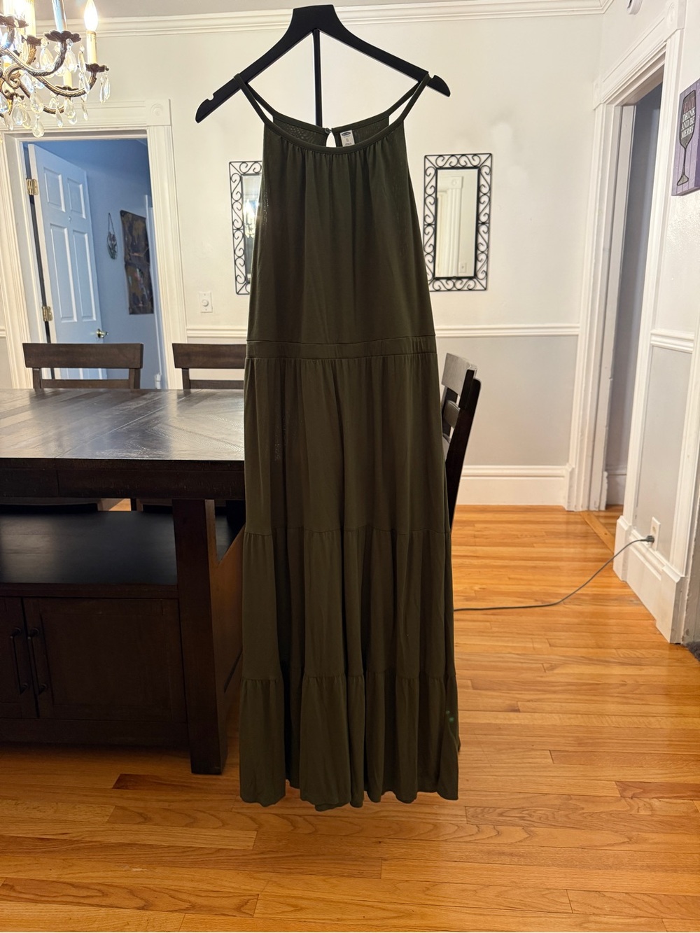 🌿 Effortless & Earthy! Old Navy Olive Green Tiered Halter Maxi Dress
